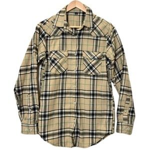 Design in Italy Western Flannel Plaid Button Down Shirt Womens Size Small Khaki